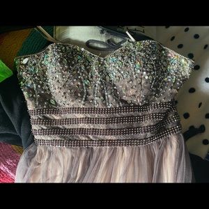 Strapless pink/purple full length prom dress.